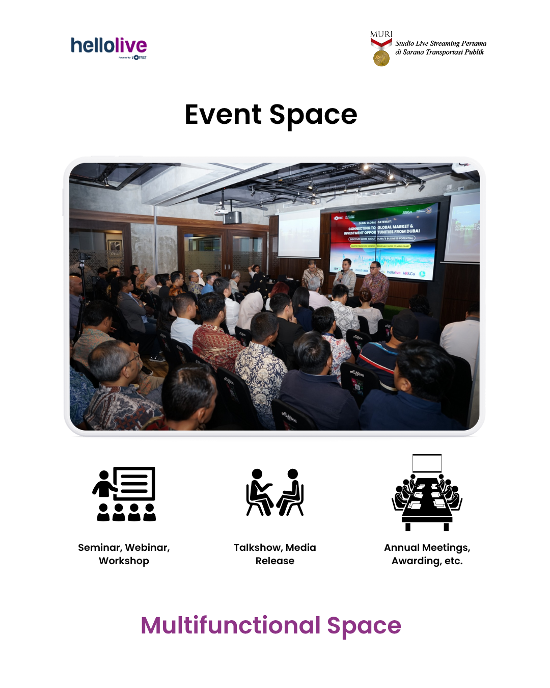 HelloLive — ruang podcast akustik dengan mikrofon broadcast